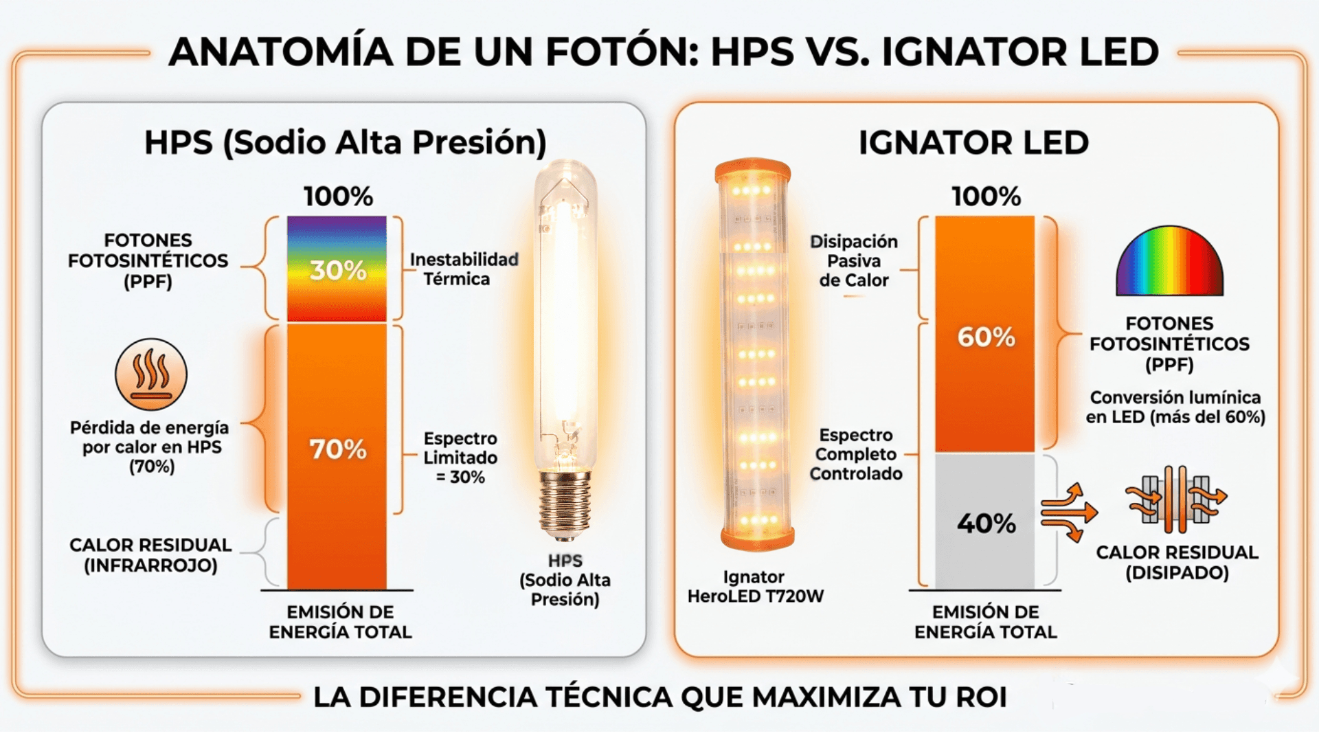 Comparativa técnica entre iluminación HPS e Ignator LED mostrando el porcentaje de energía convertida en calor residual frente a fotones fotosintéticos útiles